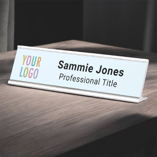 Light Blue 2x8 Desk Name Plate with Business Logo