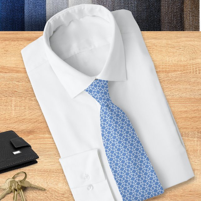 Light Blue Abstract Geometric Circles Pattern Neck Tie (A light blue tie with geometric pattern of white circles, suitable for work or special occasions)