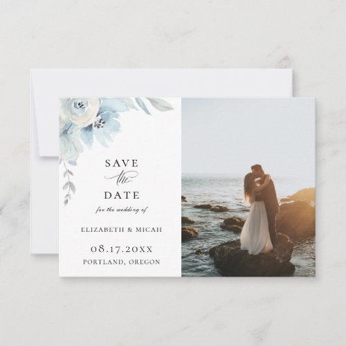 Light Blue Airy Floral Photo Save The Date Announcement