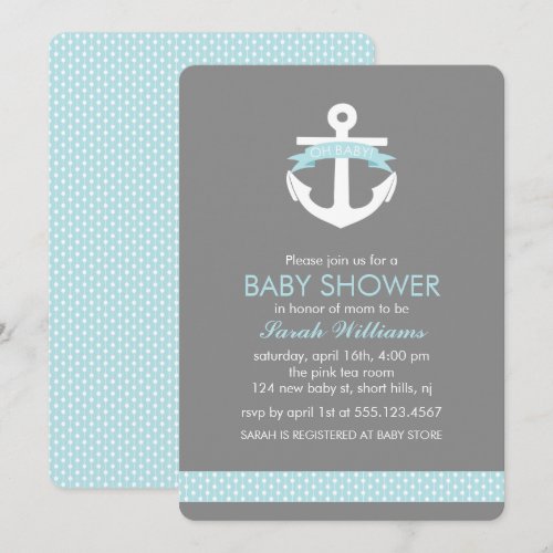Cute Blue Anchor Nautical Theme Baby Shower Custom Announcement