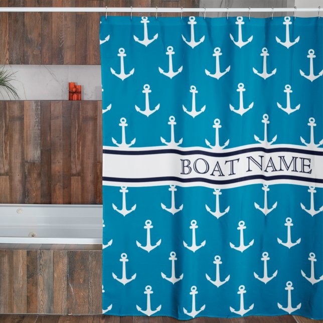 Light Blue Anchor Pattern Nautical Boat Name  Shower Curtain (Creator Uploaded)
