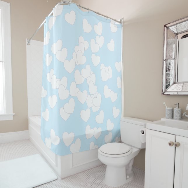 Light Blue And Big White Hearts Shower Curtain (In Situ)