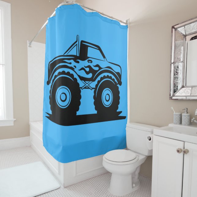 Light Blue and Black Monster Truck Shower Curtain (In Situ)