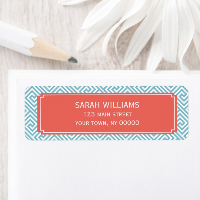 Light Blue and Coral Greek Key Pattern Label (Insitu)