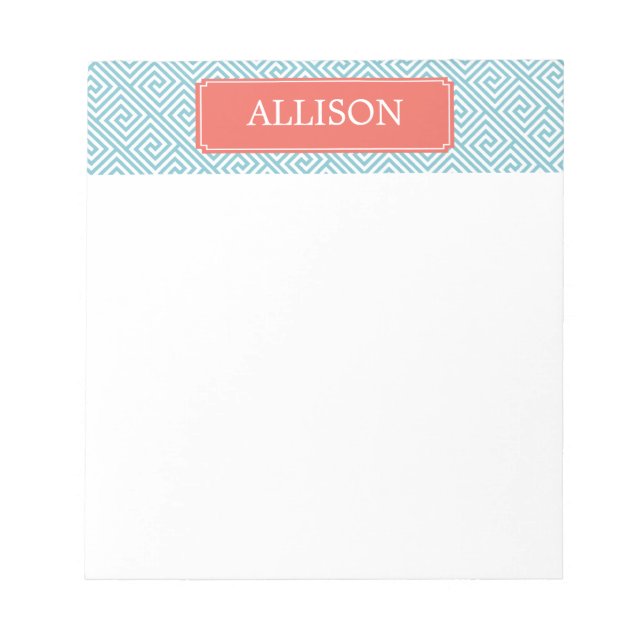 Light Blue and Coral Greek Key Pattern Notepad (Front)