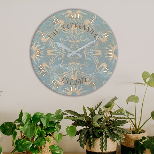 Light Blue And Cream Mosaic Distressed Stone_Look  Large Clock