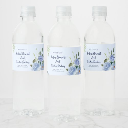 Light Blue and Dark Blue Watercolor Wedding  Water Bottle Label