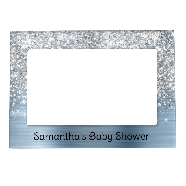 Light Blue and Glittery Silver Glam Baby Shower Magnetic Frame (Front)