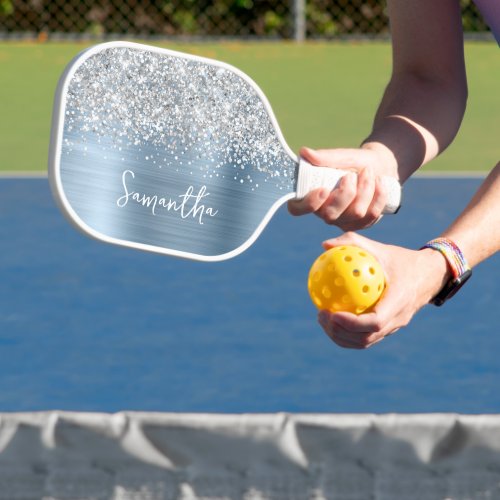 Light Blue and Glittery Silver Glam Script Name Pickleball Paddle