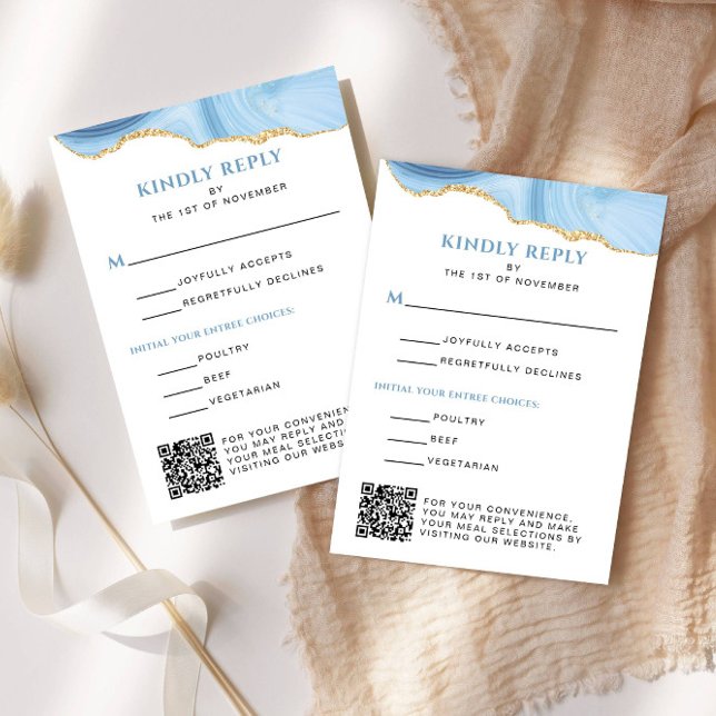 Light Blue and Gold Agate Bat Mitzvah Vertical RSVP Card (Light Blue and Gold Agate Vertical Reply Card)