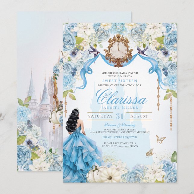 Light Blue and Gold Cinderella Princess Sweet 16 Invitation (Front/Back)