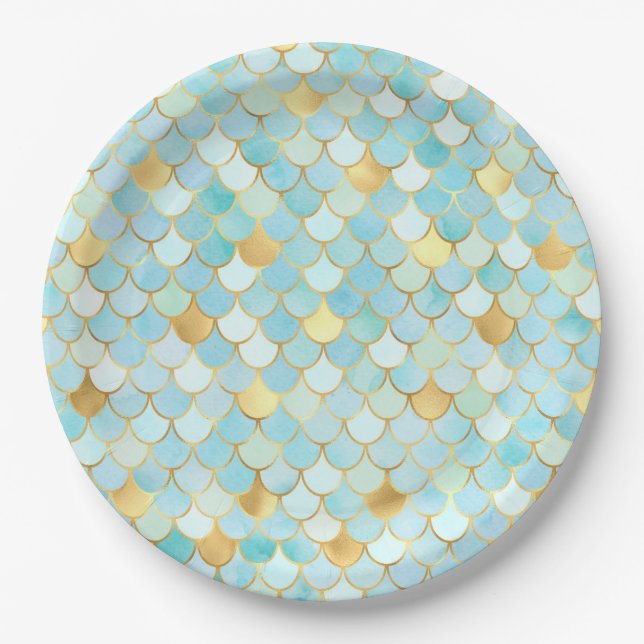 Light blue and gold Mermaid Scales Paper Plates (Front)