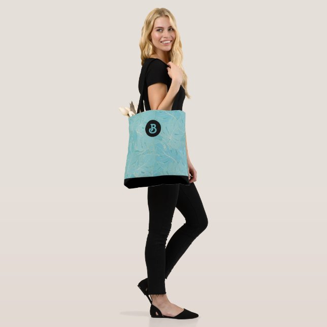 Light blue and gold Palm Leaves Pattern Monogram Tote Bag (On Model)