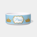 Light Blue and Gold Prince Crown Pet Dish<br><div class="desc">Pretty pet food / water dish done in white ceramic,  with a sky  blue band,  around the bowl and graphics of gold tone crowns. A decorative gold and white plaque text area,  on the front has blue text ready to personalize for your little prince in residence.</div>