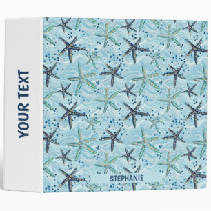 Light Blue and Gold Starfish on Ocean Wave Pattern 3 Ring Binder