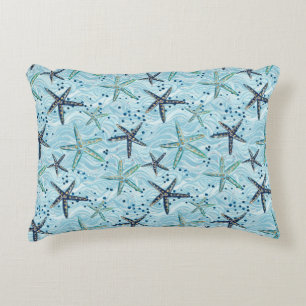 Light Blue and Gold Starfish on Ocean Wave Pattern Accent Pillow