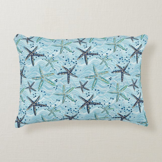 Light Blue and Gold Starfish on Ocean Wave Pattern Accent Pillow (Front)