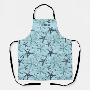 Light Blue and Gold Starfish on Ocean Wave Pattern Apron