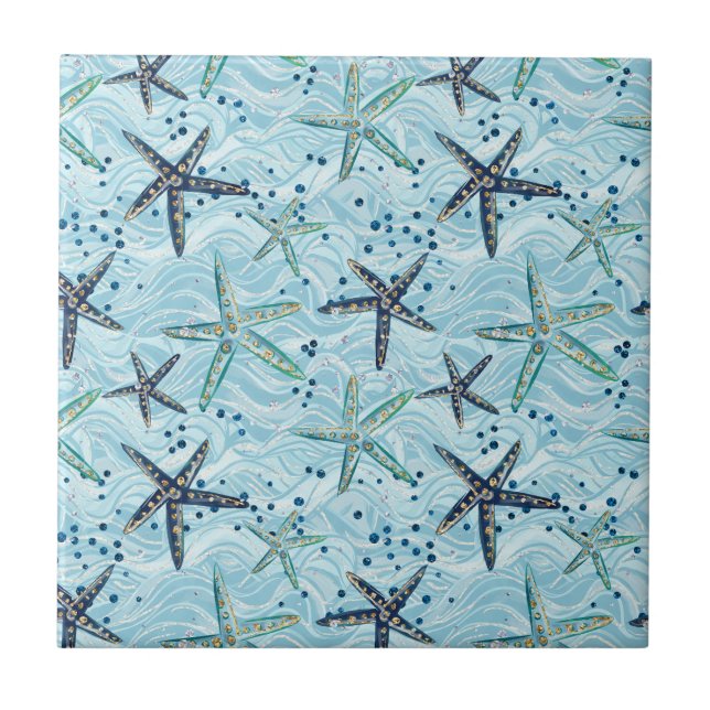 Light Blue and Gold Starfish on Ocean Wave Pattern Ceramic Tile (Front)