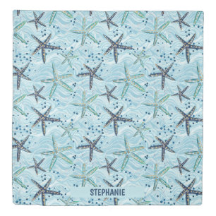 Light Blue and Gold Starfish on Ocean Wave Pattern Duvet Cover