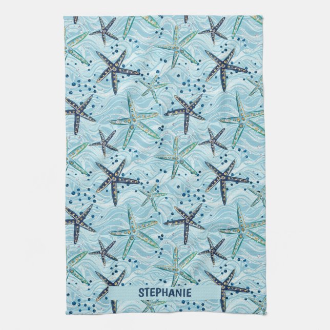 Light Blue and Gold Starfish on Ocean Wave Pattern Kitchen Towel (Vertical)