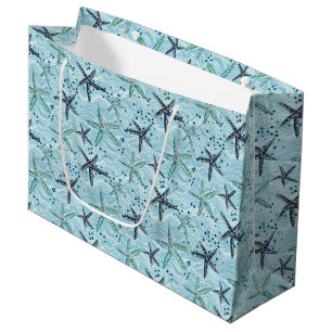 Light Blue and Gold Starfish on Ocean Wave Pattern Large Gift Bag