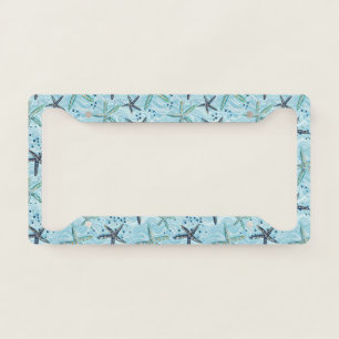 Light Blue and Gold Starfish on Ocean Wave Pattern License Plate Frame