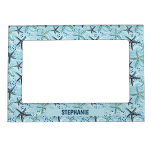Light Blue and Gold Starfish on Ocean Wave Pattern Magnetic Frame