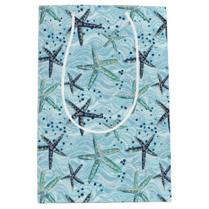 Light Blue and Gold Starfish on Ocean Wave Pattern Medium Gift Bag