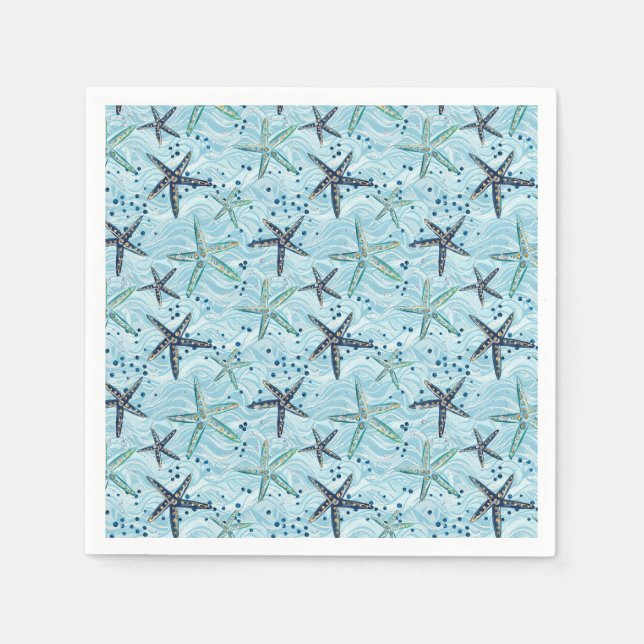 Light Blue and Gold Starfish on Ocean Wave Pattern Napkins (Front)