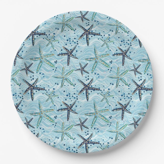 Light Blue and Gold Starfish on Ocean Wave Pattern Paper Plates (Front)