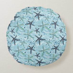 Light Blue and Gold Starfish on Ocean Wave Pattern Round Pillow