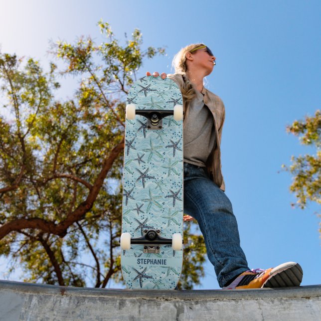 Light Blue and Gold Starfish on Ocean Wave Pattern Skateboard (Outdoor 1)