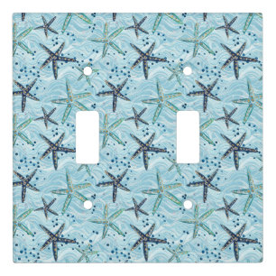 Light Blue and Gold Starfish on Ocean Wave Pattern Switch Cover