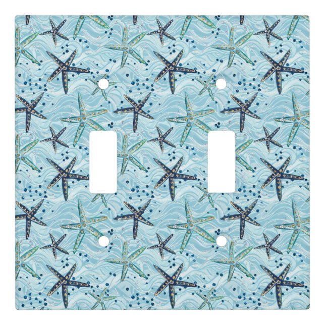 Light Blue and Gold Starfish on Ocean Wave Pattern Switch Cover (Front)