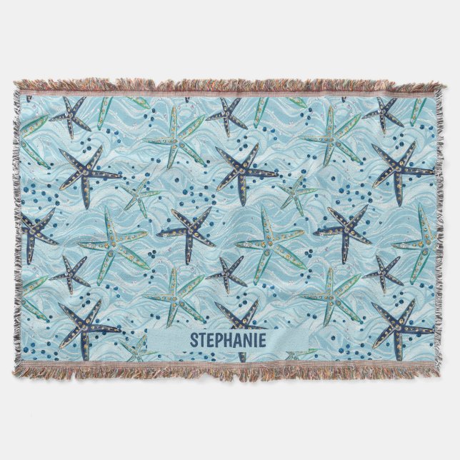 Light Blue and Gold Starfish on Ocean Wave Pattern Throw Blanket (Front)