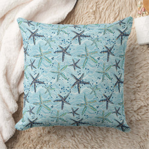 Light Blue and Gold Starfish on Ocean Wave Pattern Throw Pillow