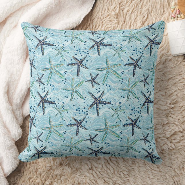 Light Blue and Gold Starfish on Ocean Wave Pattern Throw Pillow (Blanket)