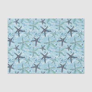 Light Blue and Gold Starfish on Ocean Wave Pattern Tissue Paper