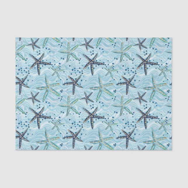 Light Blue and Gold Starfish on Ocean Wave Pattern Tissue Paper (Front)