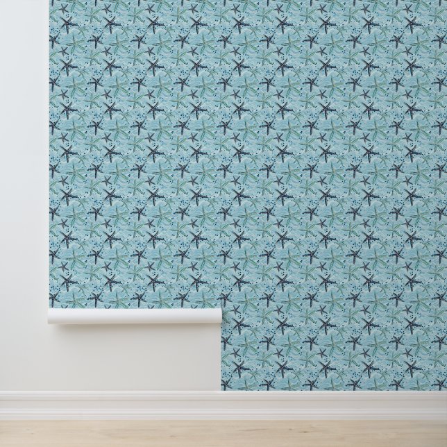 Light Blue and Gold Starfish on Ocean Wave Pattern Wallpaper (Application)