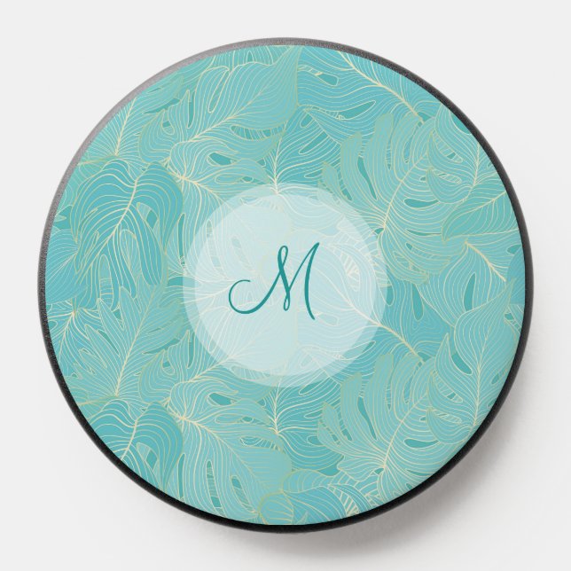 Light blue and gold tropical palm leaves collage PopSocket (Popsocket)