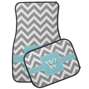 Light Blue and Gray Chevrons Monogram Car Mat