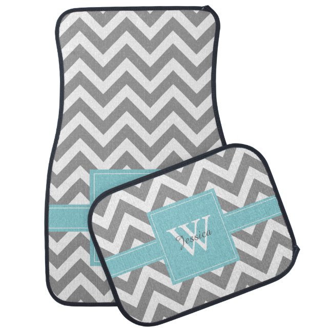 Light Blue and Gray Chevrons Monogram Car Mat (Set)
