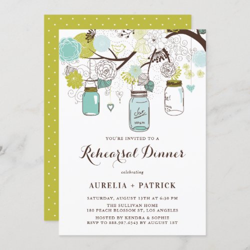 Light Blue and Green Mason Jars Rehearsal Dinner Invitation