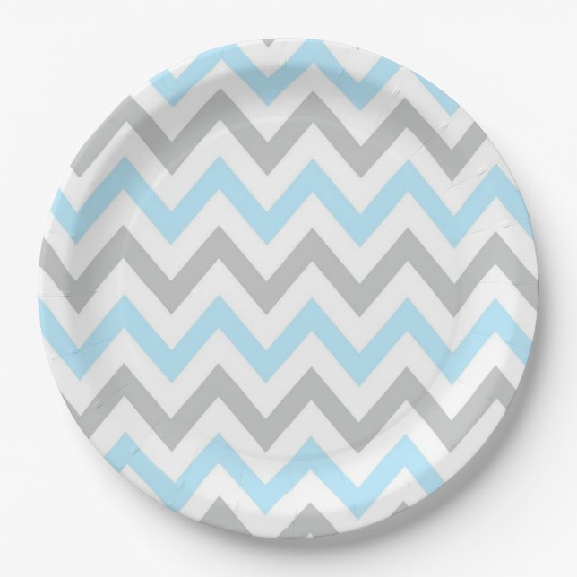 Light Blue and Grey Chevron - Modern, Boy Paper Plates (Front)