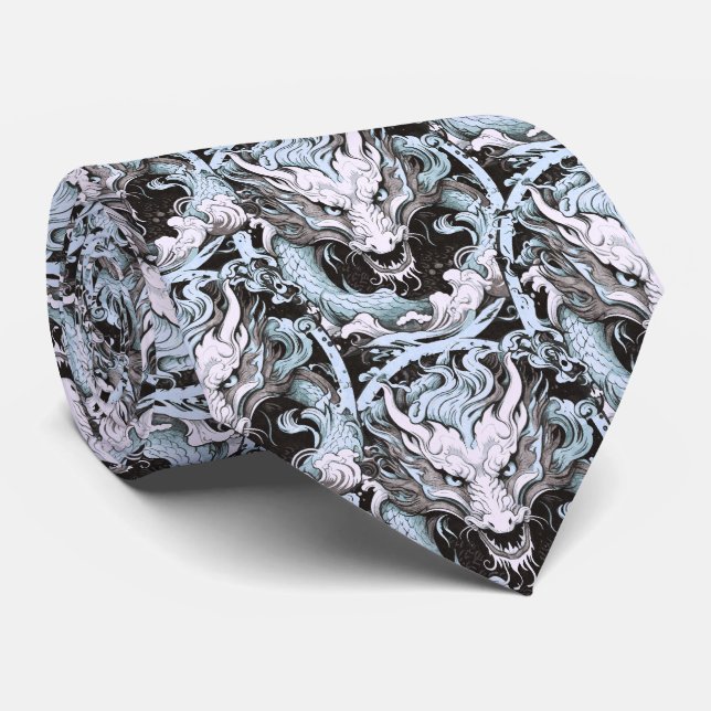 Light Blue and Grey Chinese Dragons Neck Tie (Rolled)