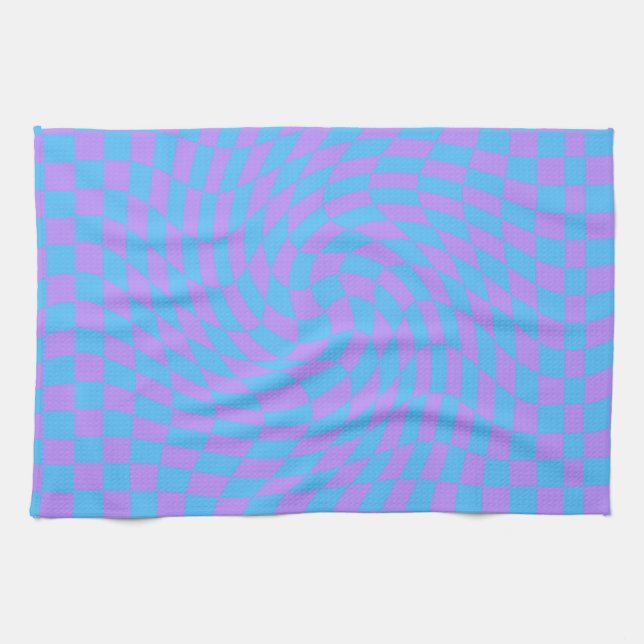 Light Blue and Lavender checker art pattern  Kitchen Towel (Horizontal)