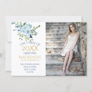 Light Blue and Navy Floral Photo Graduation Announcement