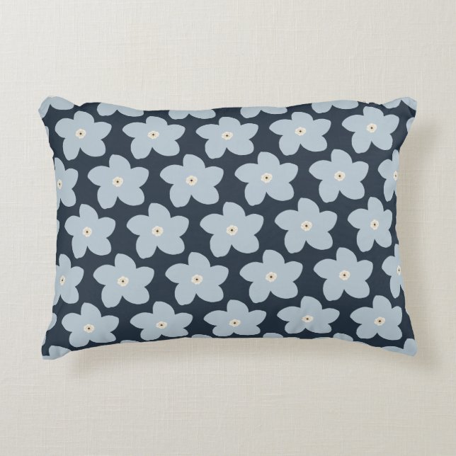 Light Blue And Navy Retro Flower Accent Pillow (Front)